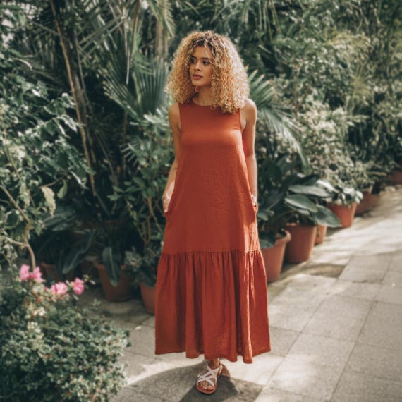 Minimalist Linen Midi Dress With Pockets - Sleeveless Fit and Flare - Etsy Minimalist Linen Midi Dress With Pockets - Sleeveless Fit and Flare - Etsy