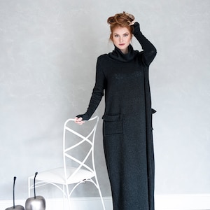 Long Turtleneck Sweater Dress, Black Knit Dress, Winter Dress for Women, Knitted Maxi Dress, Warm Long Sweater, Plus Size Maxi Dress