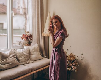 Amethyst Linen Midi Wrap Dress, Bohemian Fit and Flare Dress