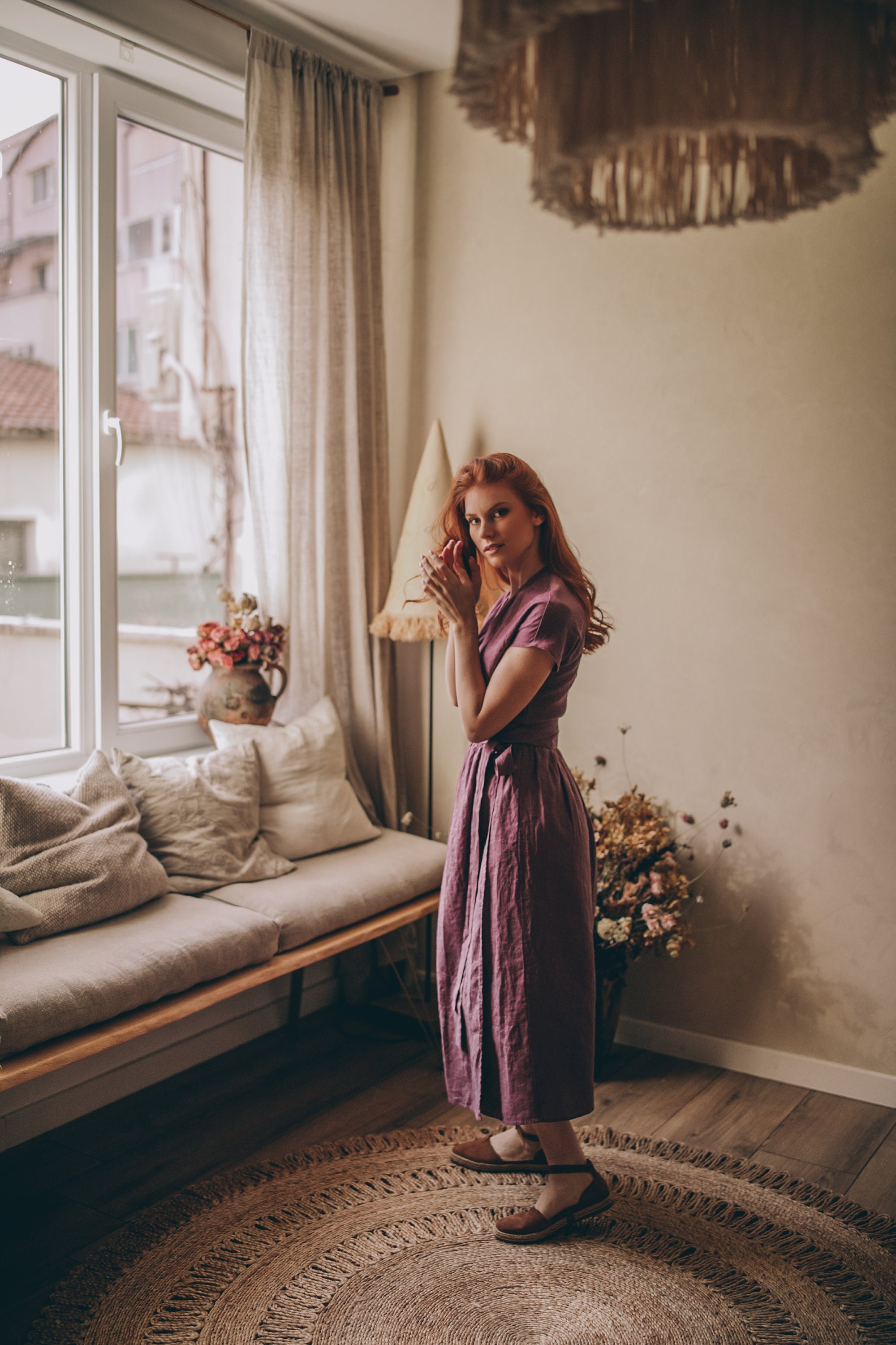 Amethyst Wrap Linen Dress, Bohemian Fit and Flare Dress, Midi Length, Pockets