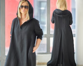 Linen Maxi Dress, Black Hooded Dress, Linen Clothing, Plus Size Maxi Dress