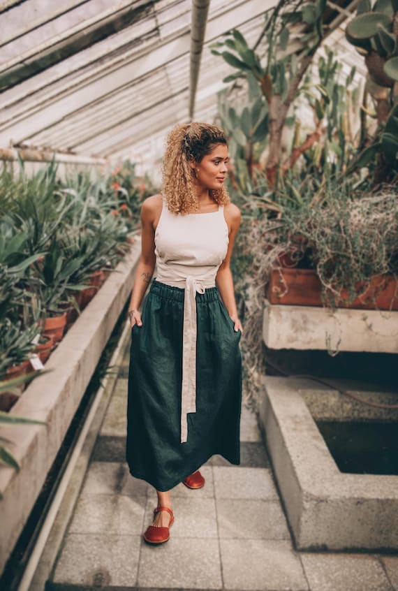 mulihu gun baseball caps Linen Maxi Skirt Chaps White Linen Midi Skirt, Women's Fashion