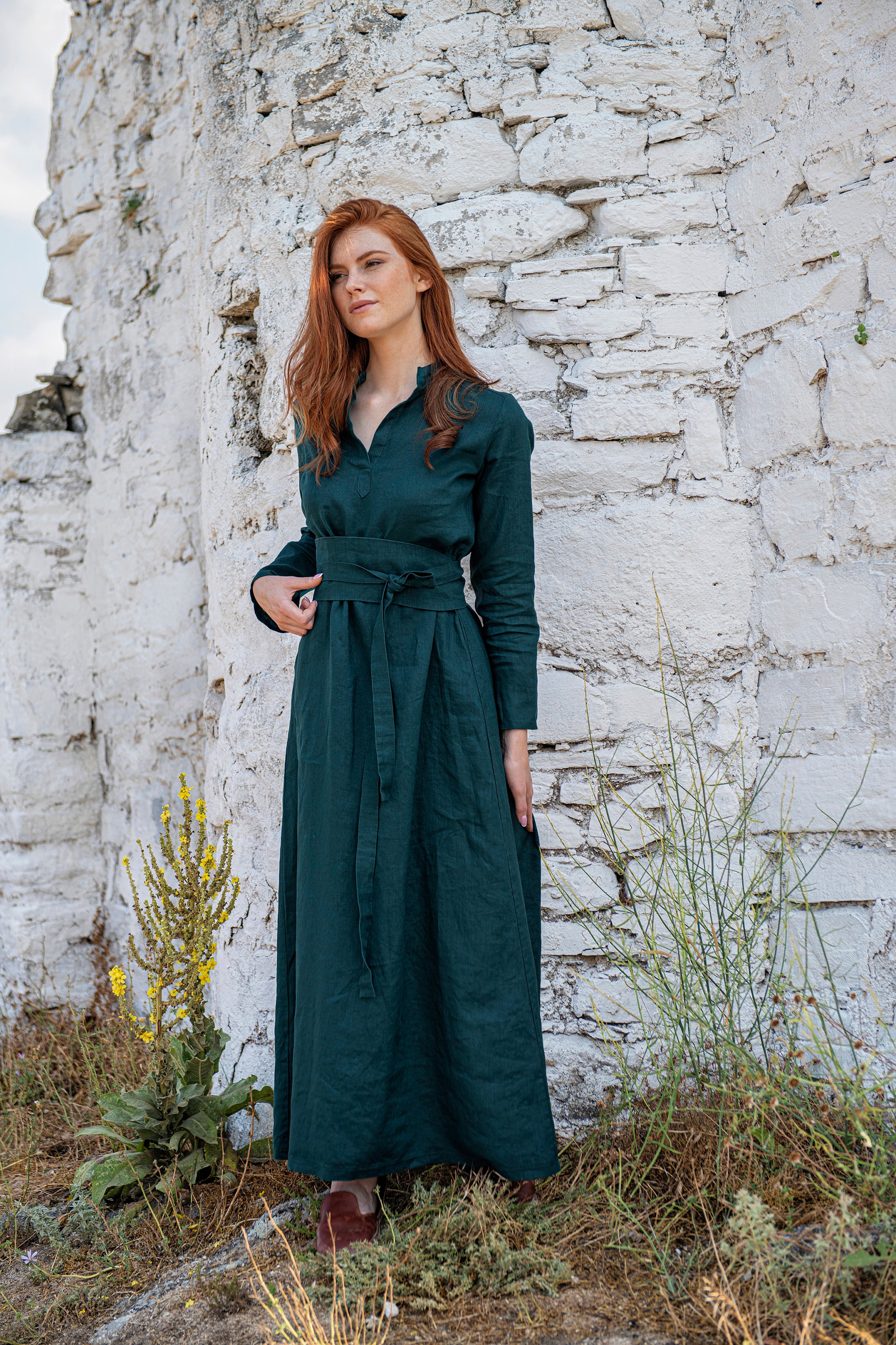 Linen Maxi Dress, Long Sleeve Maxi Dress, Emerald Linen Kaftan Dress Linen Maxi Dress, Long Sleeve Maxi Dress, Emerald Linen Kaftan Dress