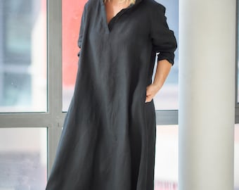Abito lungo nero in lino con cappuccio, caftano ampio abaya