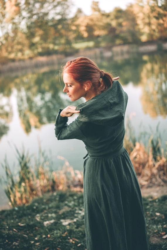 chinese dress ladies Linen Maxi Hooded Dress from NikkaPlace