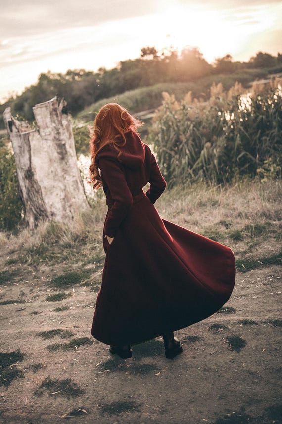 burgundy dress coat womens Handmade Burgundy Wool Coat Vintage Winter Princess Overcoat