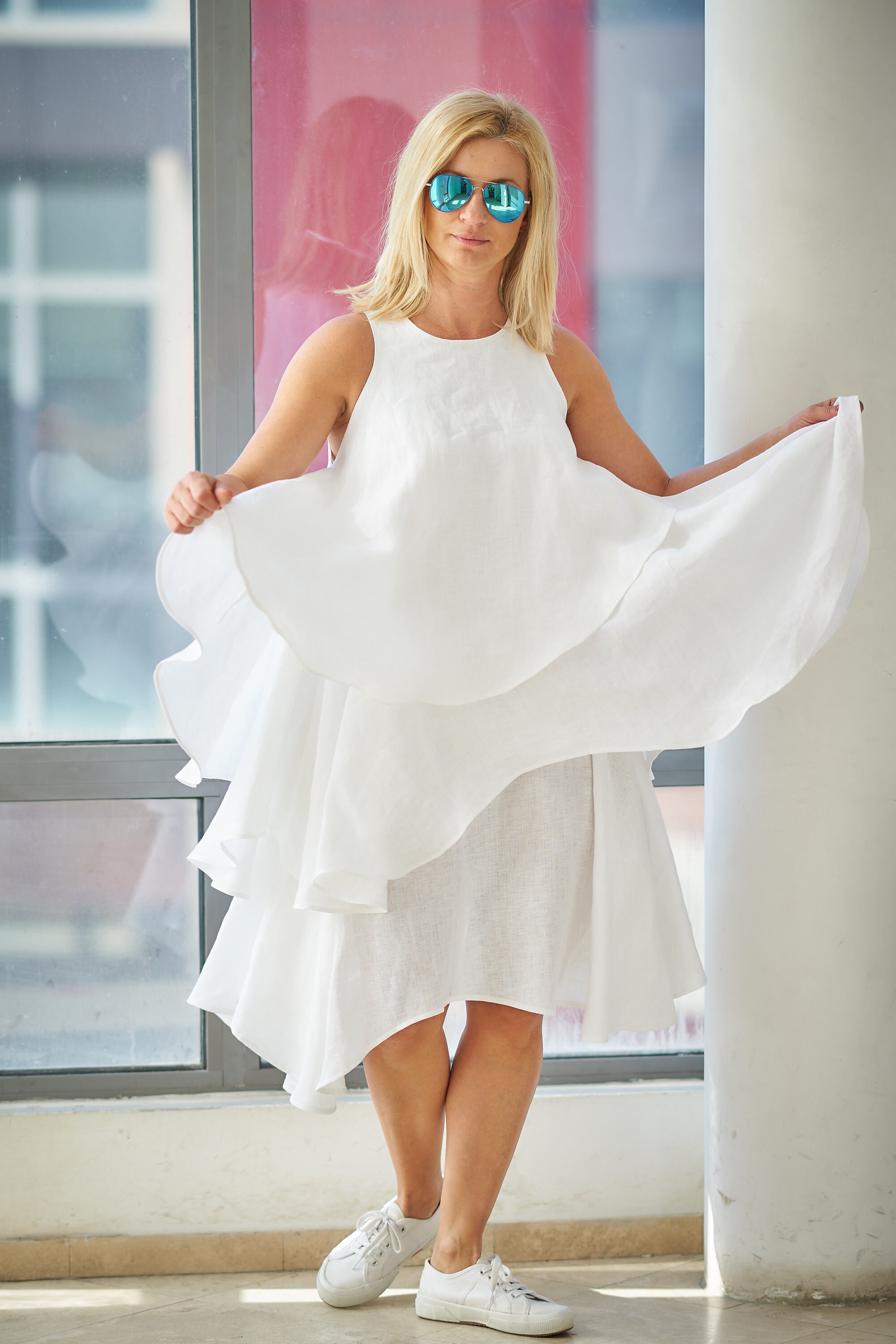 Women White Linen Dress Layered Dress 