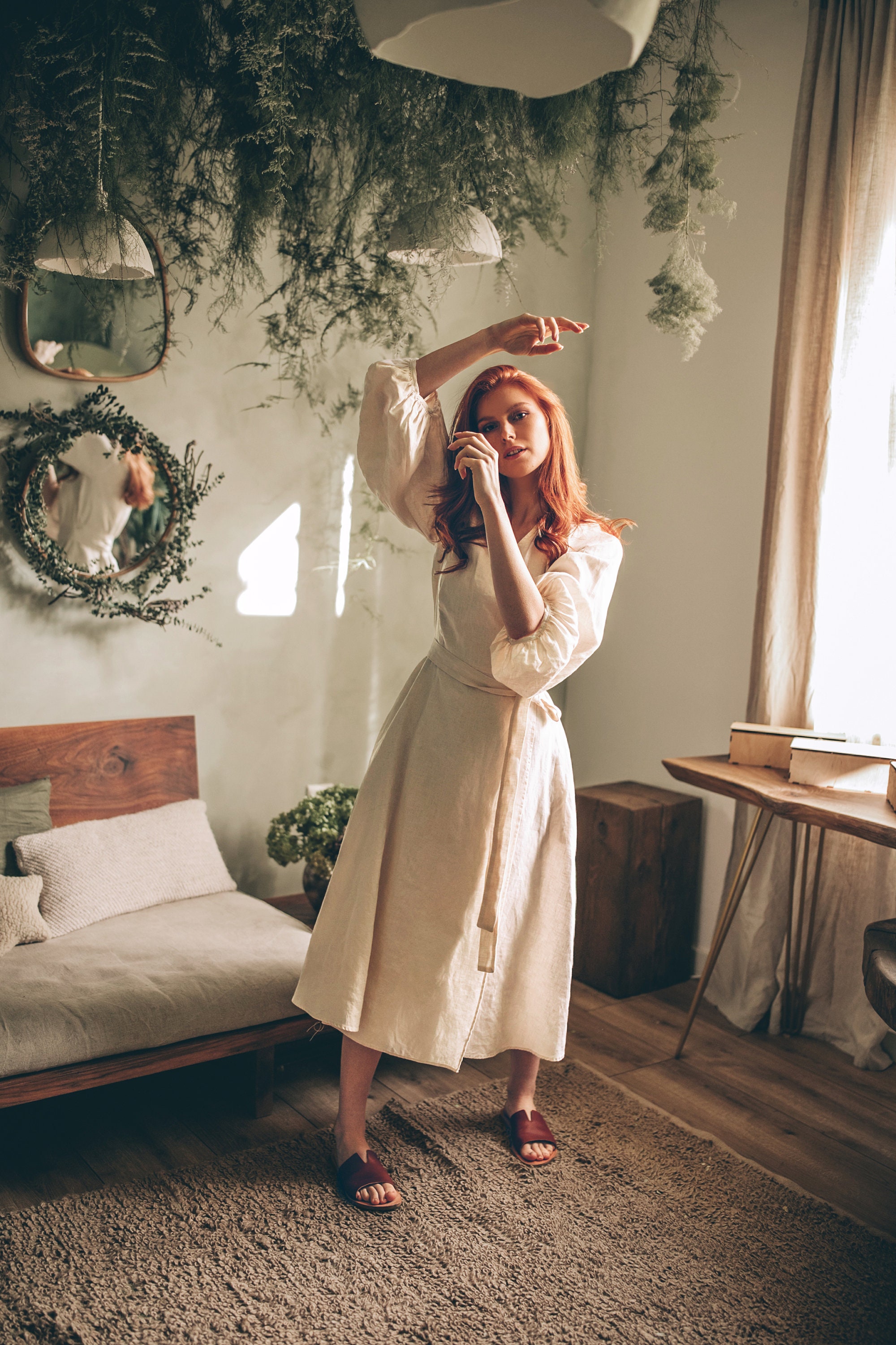 Linen Puff Sleeve Dress, Stylish Linen Wrap Dress for Women, Midi Dress for Women, Bishop Sleeve Dress, Linen Wedding Dress, Formal Dress, XS / Cream