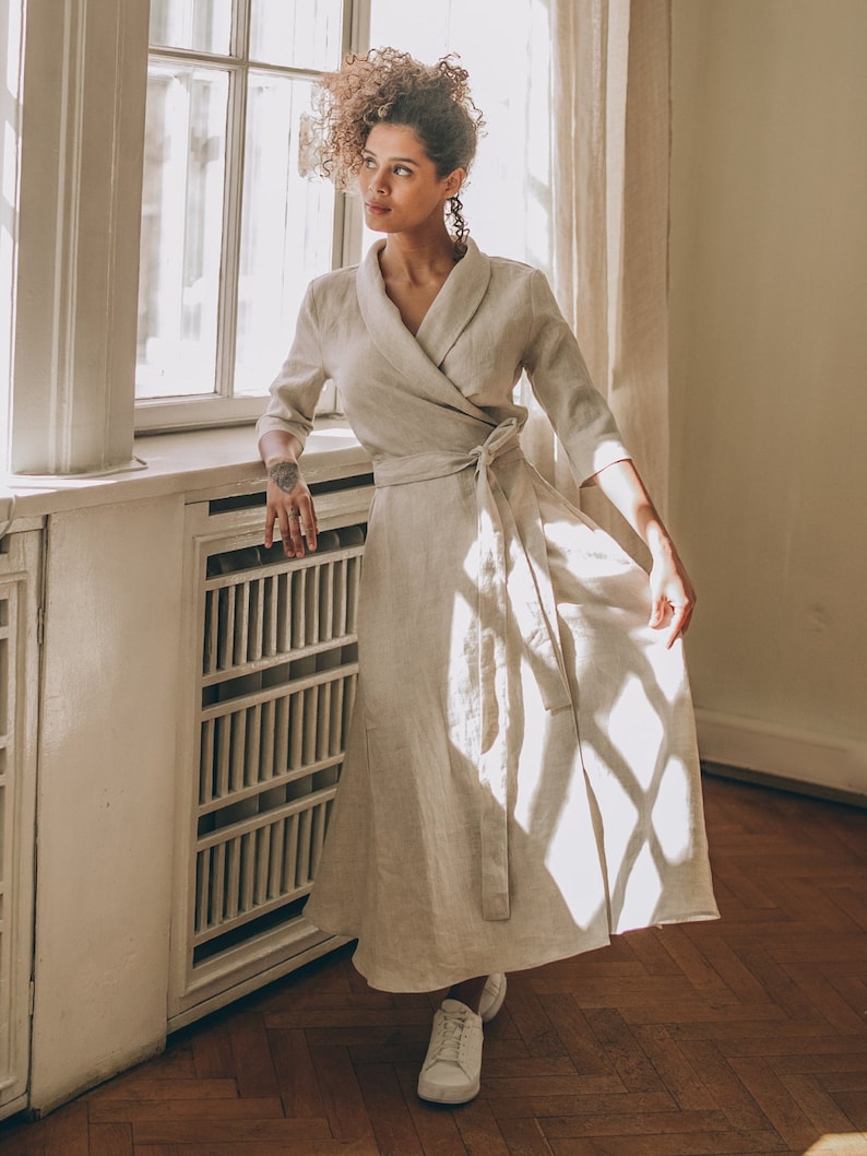 Linen Wrap Dress with Shawl Collar and Pockets, Natural Linen Dress for Women, Spring Linen Midi Dress, Tie Waist Dress, Plus Size Dress image 2