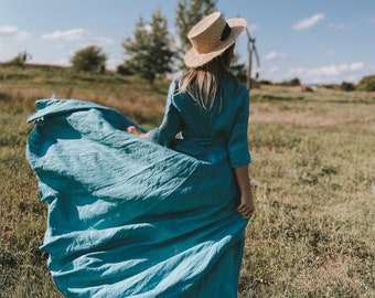 Vestido largo de lino envolvente, vestido maxi envolvente de verano, vestido de lino para mujer, vestido envolvente de lino, vestido maxi de lino, ropa de lino, ropa de talla grande