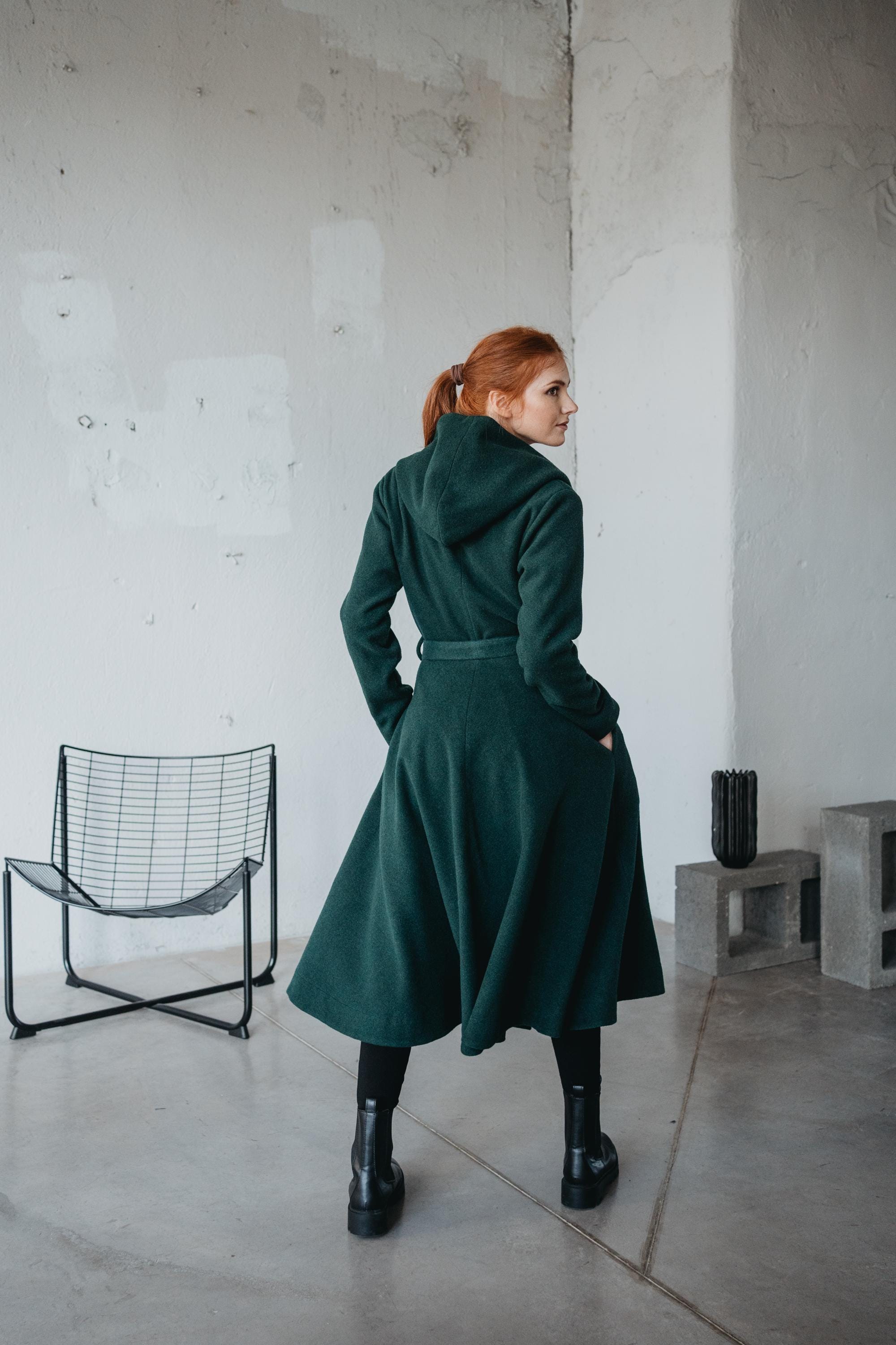 Red Coat Dress Wool Coat Merino Wool Midi Coat With Hood And Belt: Fit And  Flare Overcoat