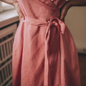 Summer Linen Dress, Linen Midi Dress, Linen Wrap Dress, Vintage Pink Linen Dress, Linen Dress Women, Sleeveless Linen Dress, Linen Clothing image 4