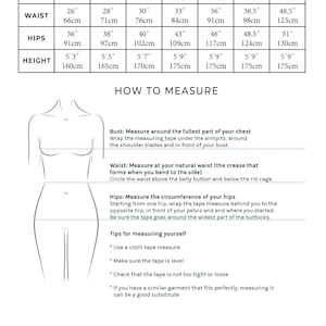May include: Size chart with bust, waist, hips, and height measurements in inches and centimeters. Includes instructions on how to measure bust, waist, and hips. The chart also provides tips for measuring yourself. The brand logo is at the bottom.
