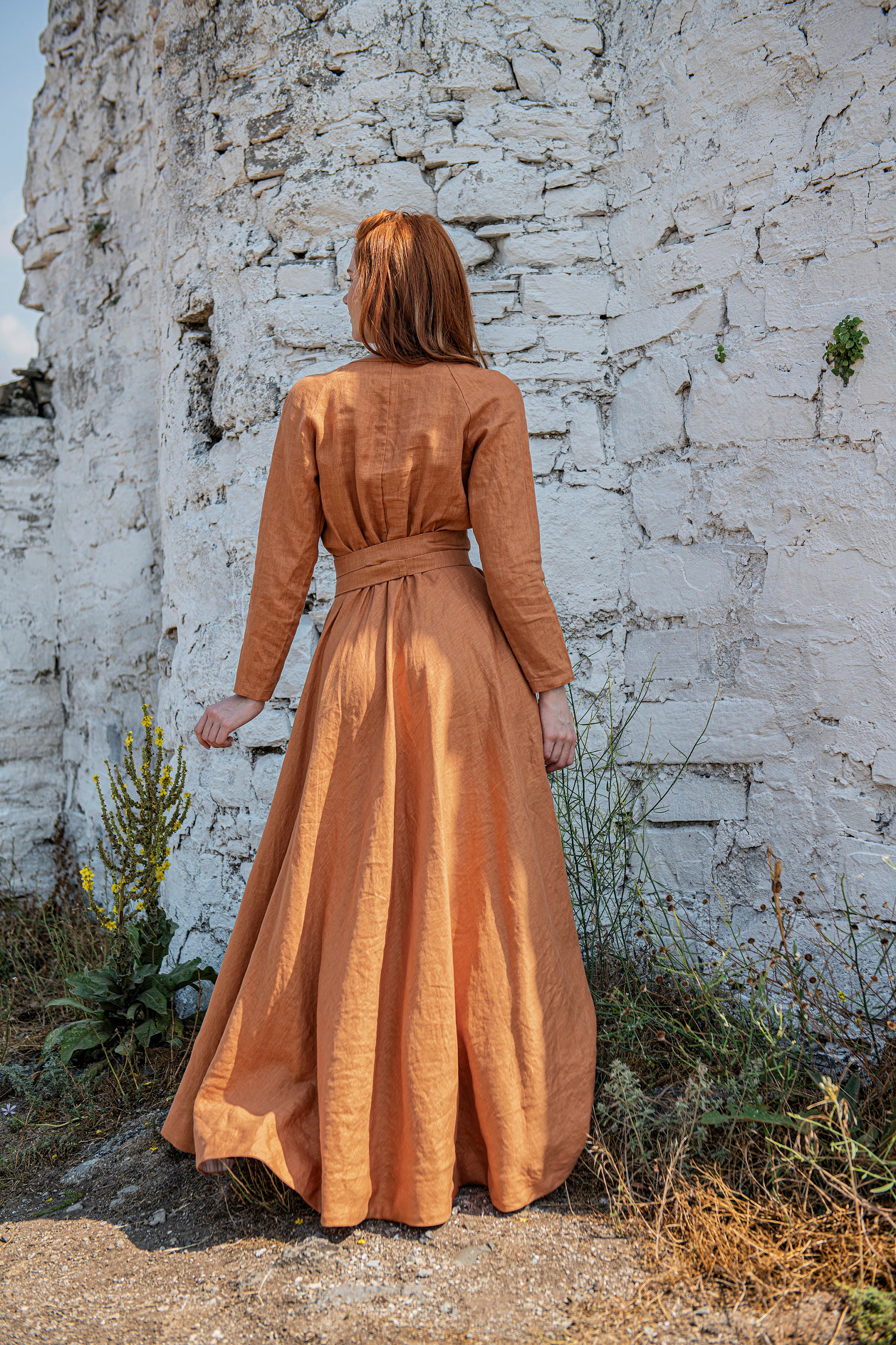 Linen Maxi Dress with Tie Belt, Long Sleeve Linen Dress, Linen Wrap Dress,Linen Maxi Dress, Maxi Dress, Plus Size Dress, Xs / Natural
