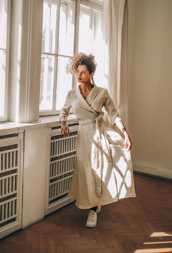 Linen Wrap Midi Dress, Tie Waist Kimono, Boho Clothing