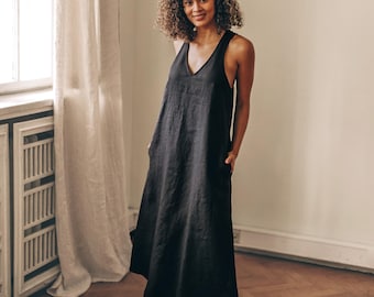 Minimalist Linen Dress, Sleeveless Summer Dress, Racer Back, Midi Length