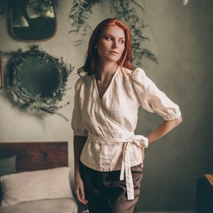 Linen Wrap Top with Puffy Sleeves, Linen Wrap Blouse, Natural Linen Top Women, V-neck Wrap Top, Linen Victorian Shirt, Linen Pirates Shirt