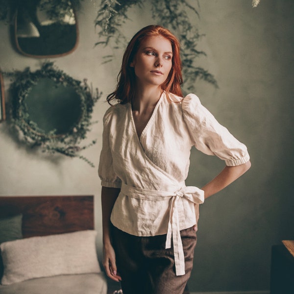 Linen Wrap Top with Puffy Sleeves, V-neck Linen Blouse