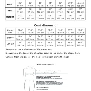 May include: Size chart for clothing with measurements in inches and centimeters. The chart includes bust, waist, hips, height, upper arm, sleeve, and length. The chart also includes a diagram showing how to measure yourself.