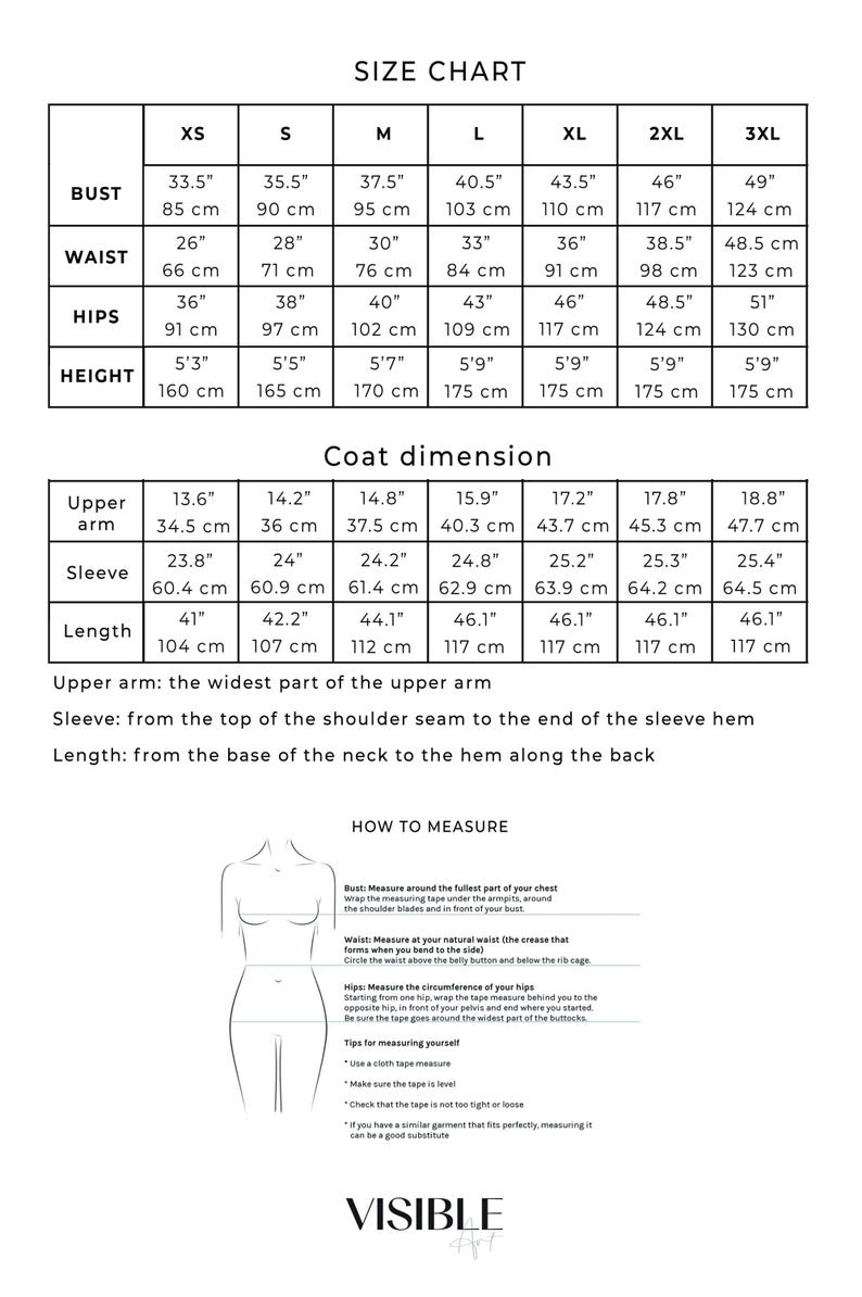 May include: Size chart for clothing with measurements in inches and centimeters. The chart includes bust, waist, hips, height, upper arm, sleeve, and length. The chart also includes a diagram showing how to measure yourself.