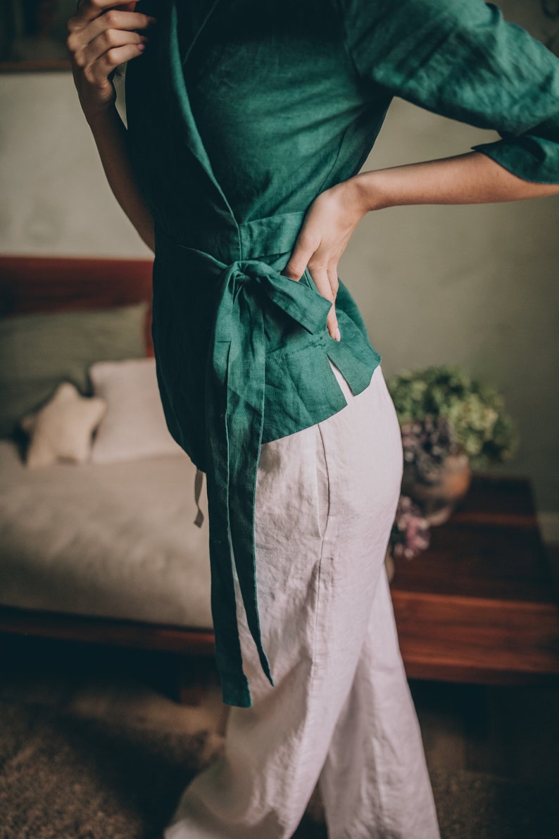 Linen Wrap Top, Emerald Green Linen Top, Linen Wrap Shirt, Casual Linen Tunic, Linen Wrap Blouse, Linen Kimono Top, Linen Clothing for Women image 7