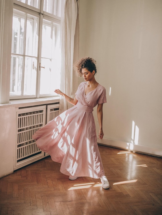 blush pink linen dress Salina wrap dress light pink