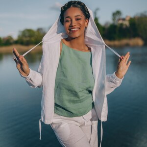 Veste d'été à capuche en lin, sweat-shirt en lin, sweat à capuche avec poches, cardigan d'été en lin, vêtements en lin pour femme grandes tailles, chemise en lin épais image 8