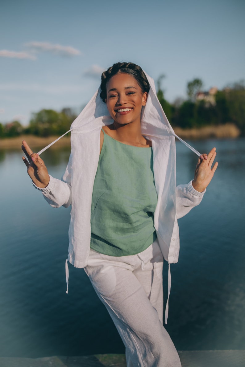 Veste d'été à capuche en lin, sweat-shirt en lin, sweat à capuche avec poches, cardigan d'été en lin, vêtements en lin pour femme grandes tailles, chemise en lin épais image 8