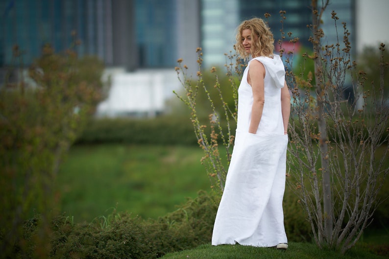 Linen Maxi Dress, White Summer Dress, Plus Size Maxi Dress, Linen Kaftan, Bohemian Clothing, Hooded Linen Dress, White Linen Dress Plus Size image 1