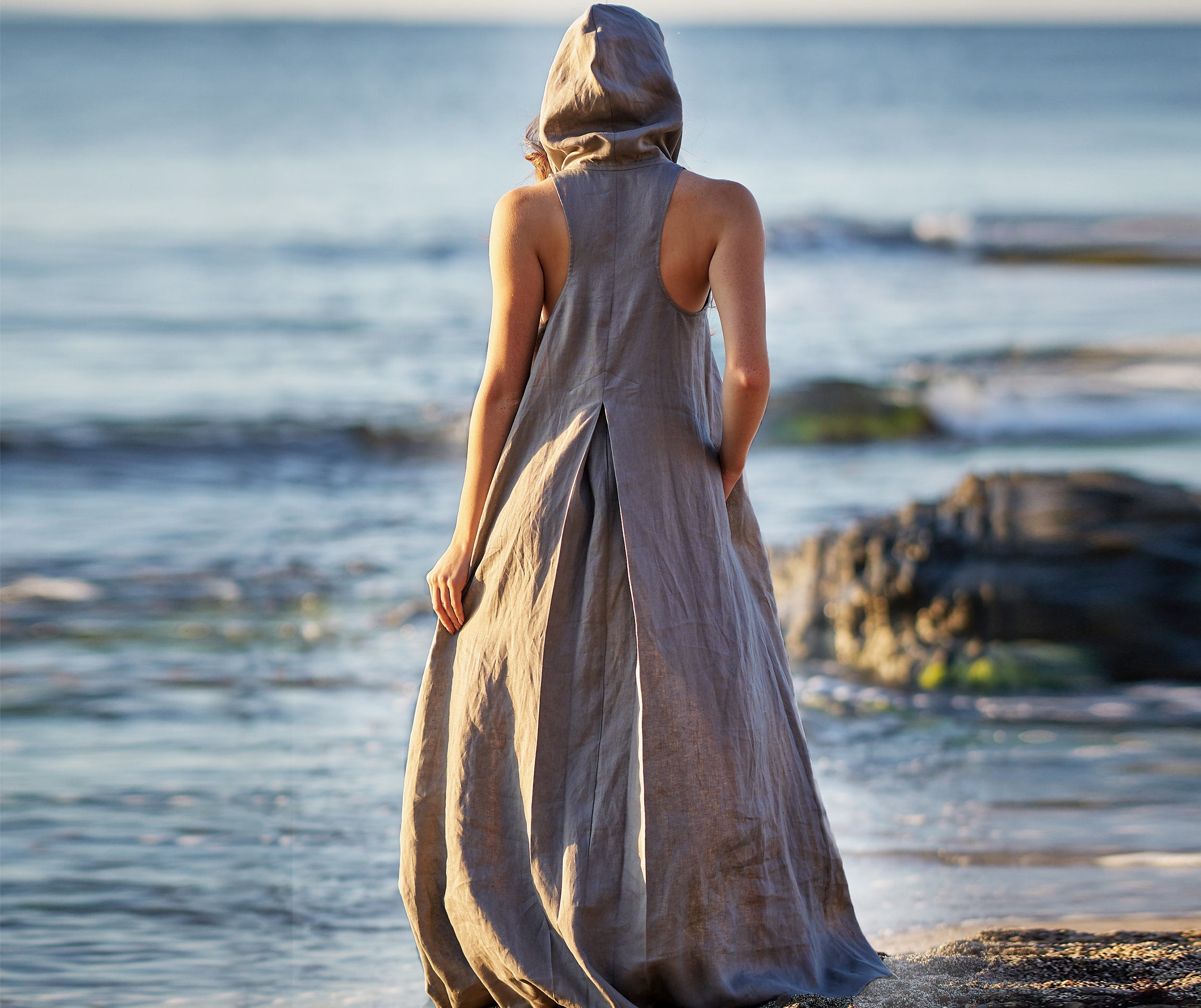 Linen Dress for Women with Pockets, Linen Clothing, Linen Kaftan Dress, Linen Hoodie Dress, Linen Clothing. Linen Summer Dress, Boho Dress