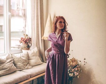 Amethyst Wrap Linen Dress, Bohemian Fit and Flare Dress, Midi Length,  Pockets - Etsy
