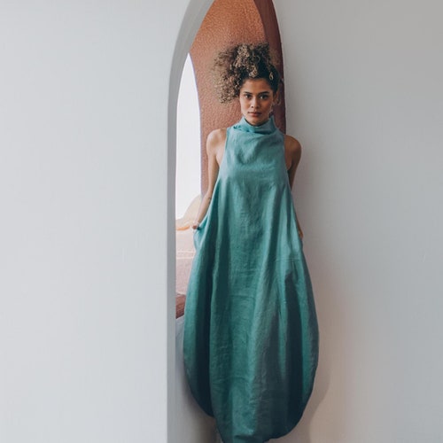 Blue Green Linen Dress - Linen Maxi Dress - Summer Maxi Dress - Bubble Dress - Sleeveless Linen Dress Turtleneck - Plus Size Linen Clothing, S / Gray Blue Green Linen Dress - Linen Maxi Dress - Summer Maxi Dress - Bubble Dress - Sleeveless Linen Dress Turtleneck - Plus Size Linen Clothing, S / Gray