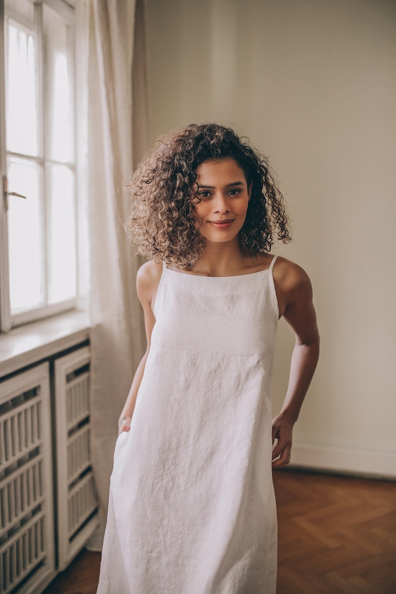 White Linen Dress, Linen Maxi Dress, Simple Linen Dress, Linen Spaghetti Strap Dress, Plus Size Clothing, Linen Dress Women, Linen Clothing image 6