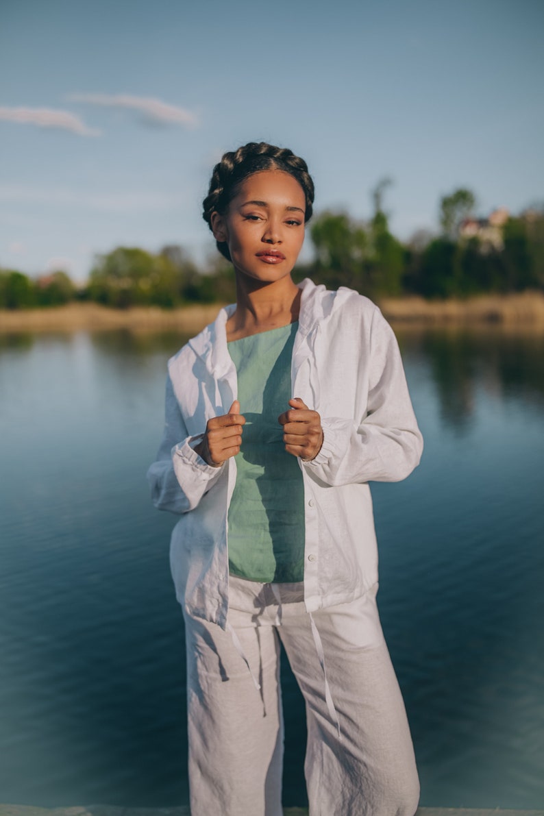 Veste d'été à capuche en lin, sweat-shirt en lin, sweat à capuche avec poches, cardigan d'été en lin, vêtements en lin pour femme grandes tailles, chemise en lin épais image 1