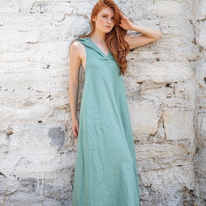 Hooded Linen Dress, Linen Maxi Dress for Women, Summer Maxi Dress, Dusty Turquoise Linen Dress, Linen Maxi Dress, Plus Size Linen Clothing