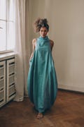 Linen Maxi Dress, Sleeveless Blue Green Long Dress, Pockets, Bubble Style, Turtleneck product logo