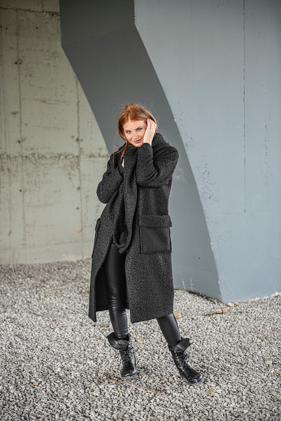 Abrigo de invierno de lana abrigo negro para mujer abrigo - Etsy México