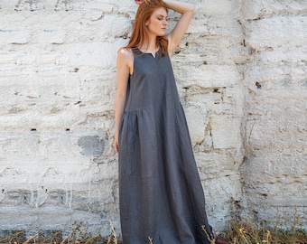 Sommer Maxi Kleid, Leinenkleid für Frauen, Taschen