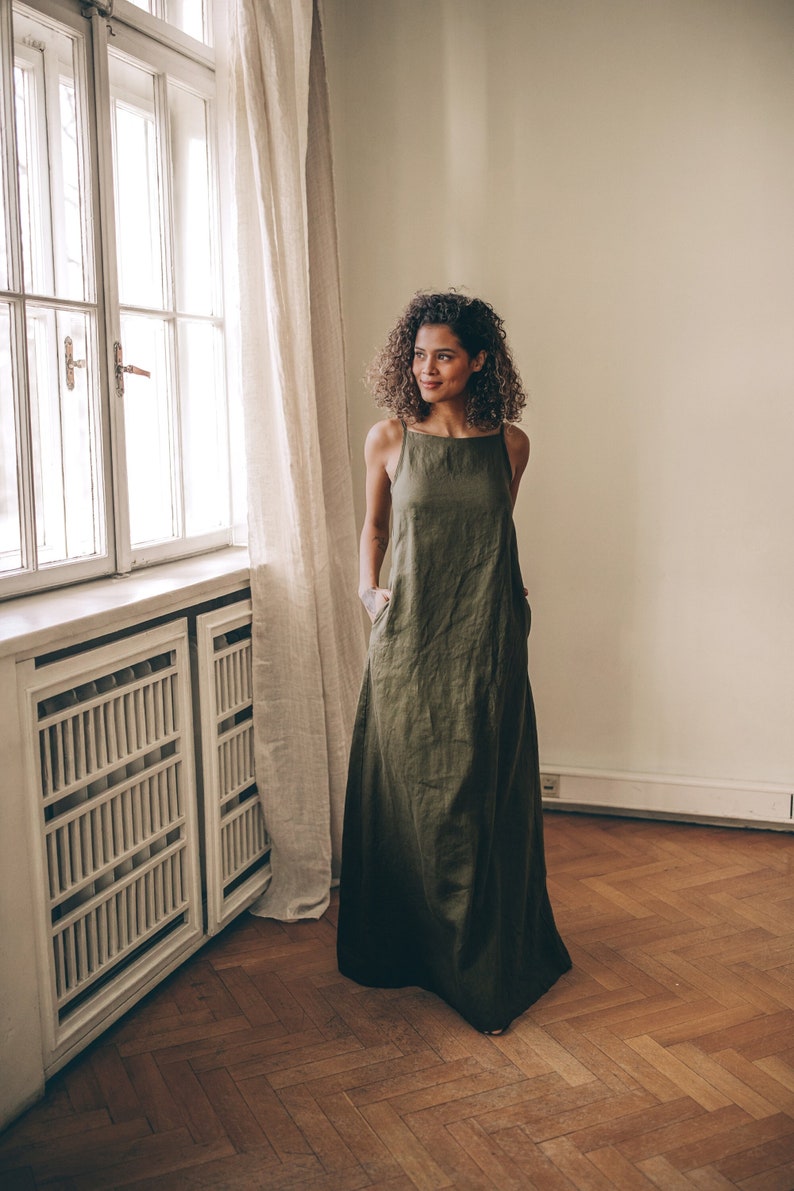 Military Green Linen Dress, Summer Maxi Dress for Women, Linen Maxi Dress Plus Size, Minimalist Linen Dress, Long Linen Dress with Pockets image 1