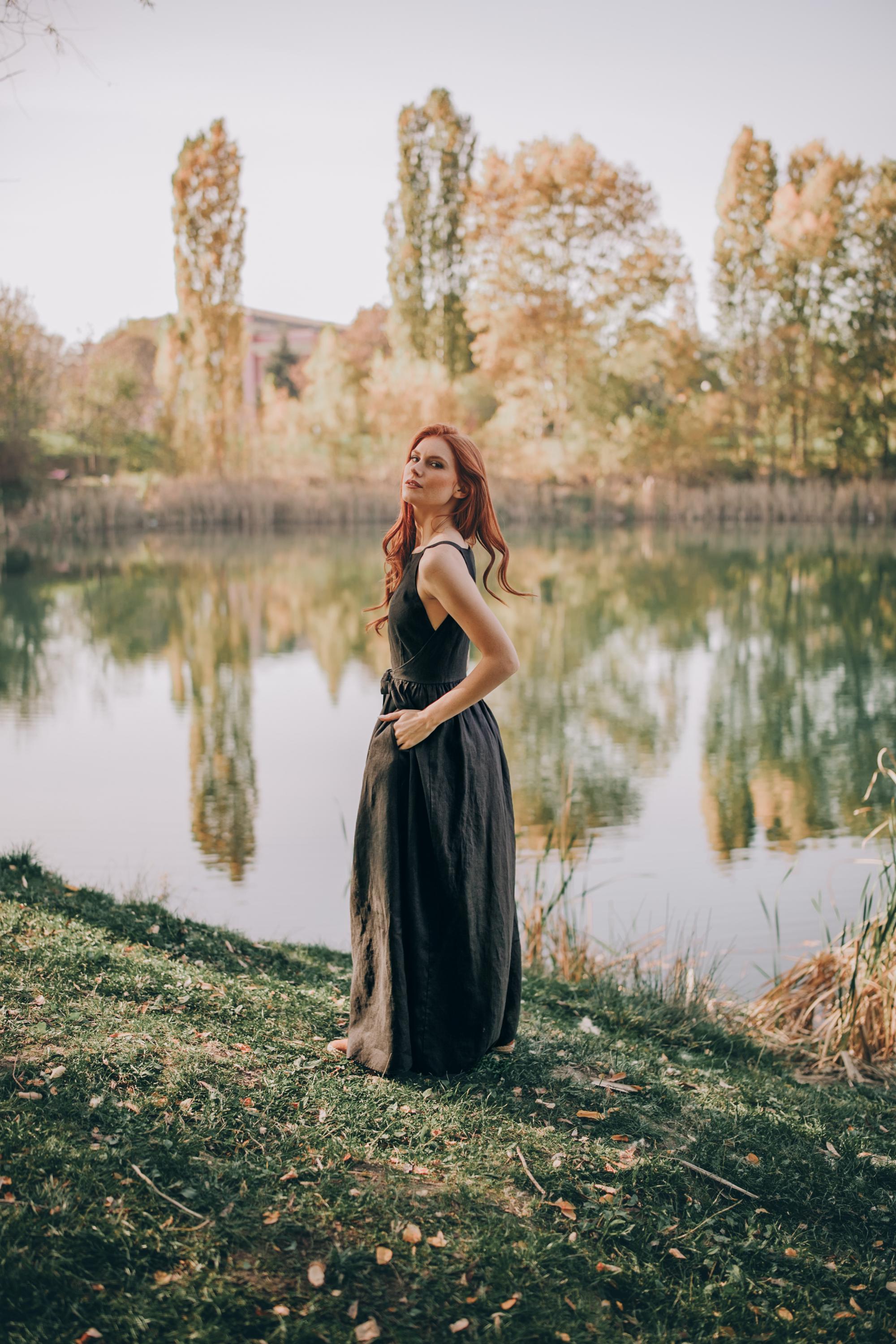 Handmade Black Linen Maxi Dress: Double Wrap, Adjustable Waist