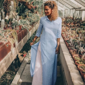 Summer Linen Shirt Dress, Maxi Linen Tunic Dress, Long Tunic Top in Light Blue Linen, Linen Clothing for Women, Plus Size Boho Tunic Shirt