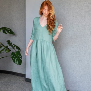 Linen Summer Dress in Dusty Turquoise, Linen Maxi Dress Women, Plus Size Boho Linen Dress, Classic Linen Dress with Pockets, Romantic Dress