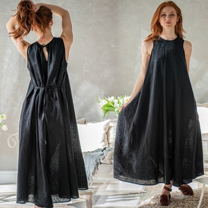 Linen Maxi Dress. Linen Summer Dress, Black Linen Dress, Sleeveless Linen Dress, Summer Maxi Dress, Linen Kaftan, Plus Size Linen Maxi Dress