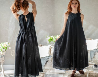 Linnen maxi-jurk. Linnen zomerjurk, zwarte linnen jurk, mouwloze linnen jurk, zomer maxi jurk, linnen kaftan, plus size linnen maxi jurk