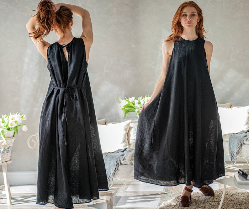 Linen Maxi Dress. Linen Summer Dress, Black Linen Dress, Sleeveless Linen Dress, Summer Maxi Dress, Linen Kaftan, Plus Size Linen Maxi Dress image 1