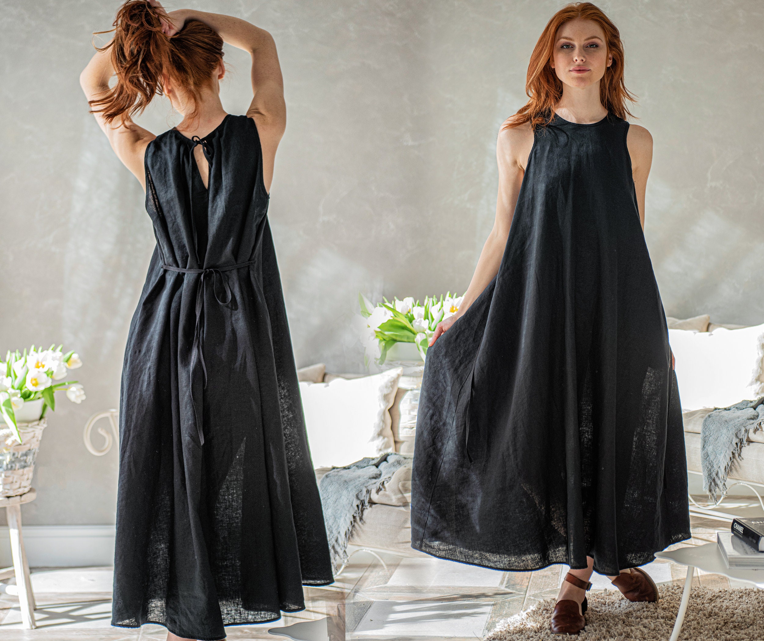 Summer Linen Dress - Linen Loose Dress - Long Linen Dress - Sleeveless Linen Dress - Plus Size Linen Dress, XS / Deep Green