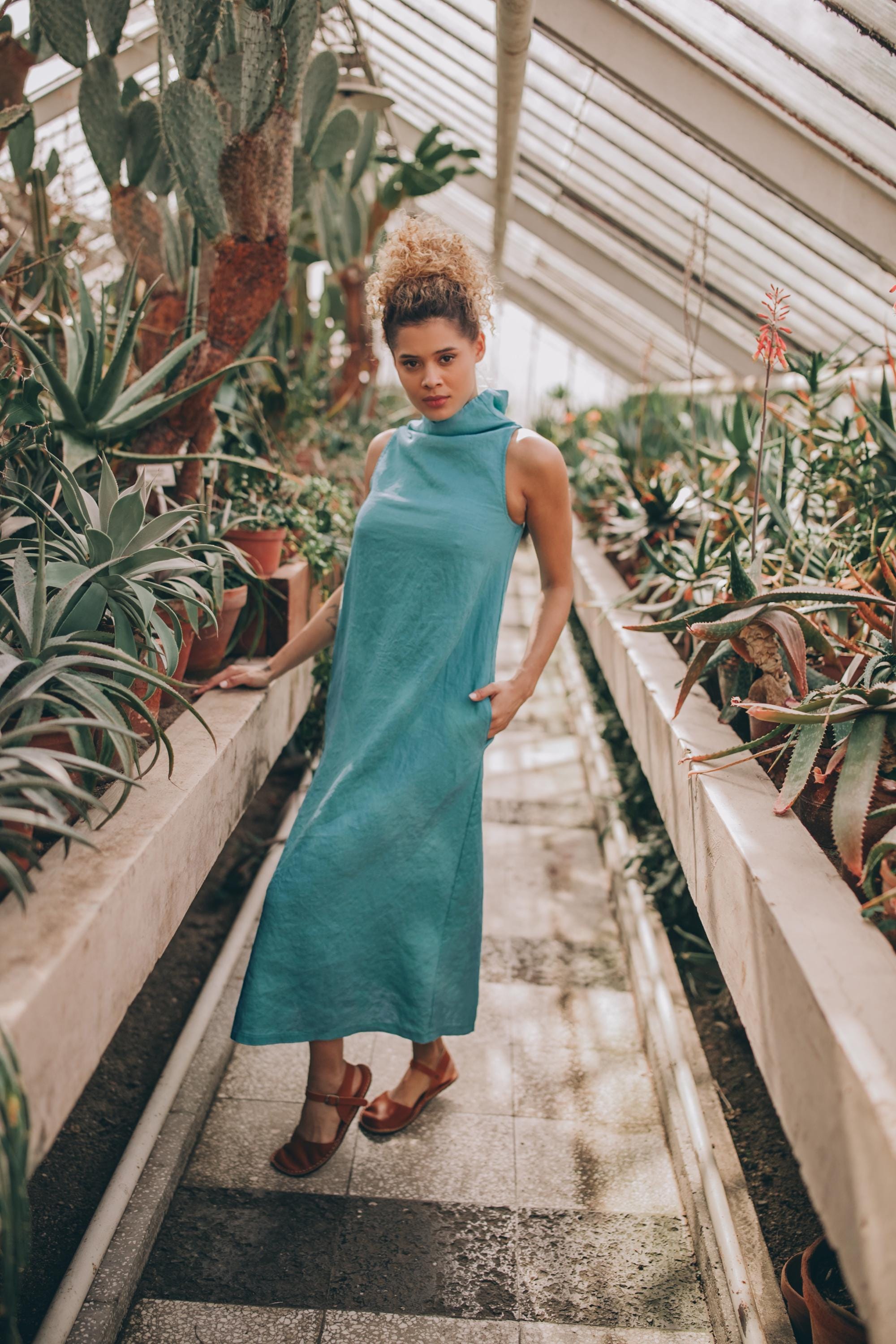 high neck linen midi dress Linen Pencil Mid-calf Dress With High Neck and Belt, Washed Linen Midi Pencil Dress With Pockets and Buttons, Natural Linen Loose Shirtdress