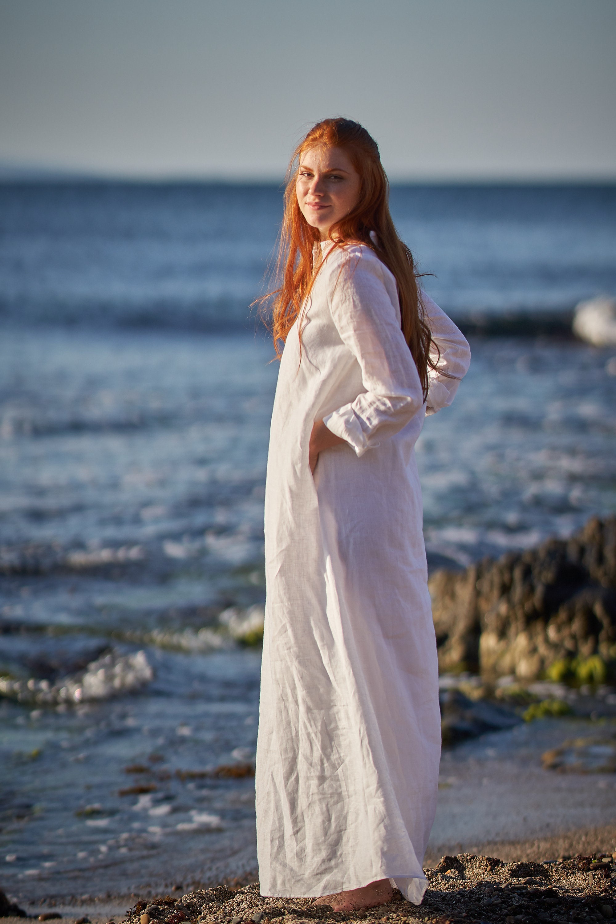 knee length dresses for ladies White Linen Dress with Sleeves and Pockets main image 0