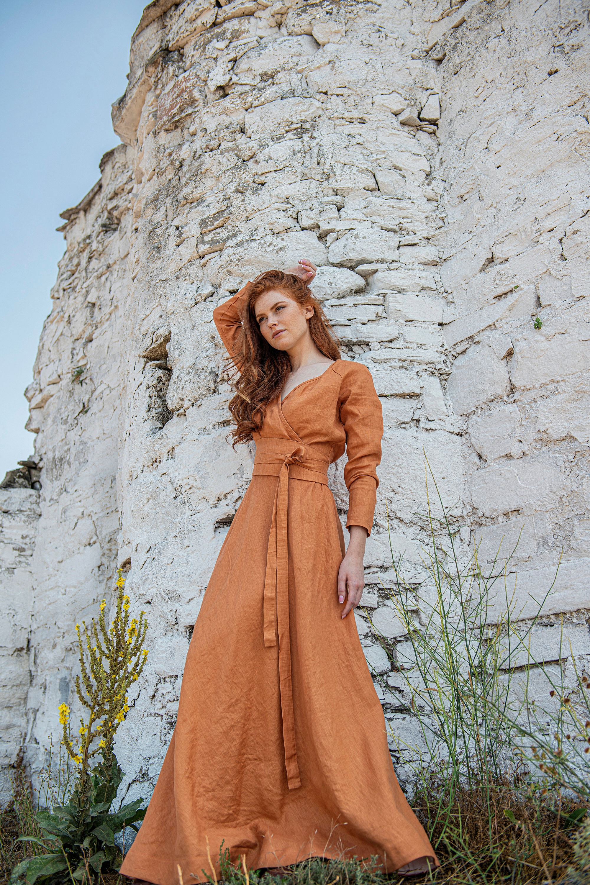 Linen Maxi Dress with Tie Belt, Long Sleeve Linen Dress, Linen Wrap Dress,Linen Maxi Dress, Maxi Dress, Plus Size Dress, Xs / Natural