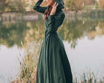 Hooded Linen Maxi Dress: Heavyweight Wrap Gown